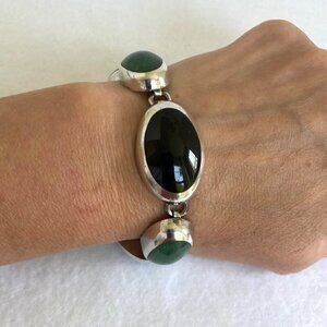 VTG Sterling Silver 925 Taxco Mexico Chunky Multi Gemstone Oval Link Bracelet